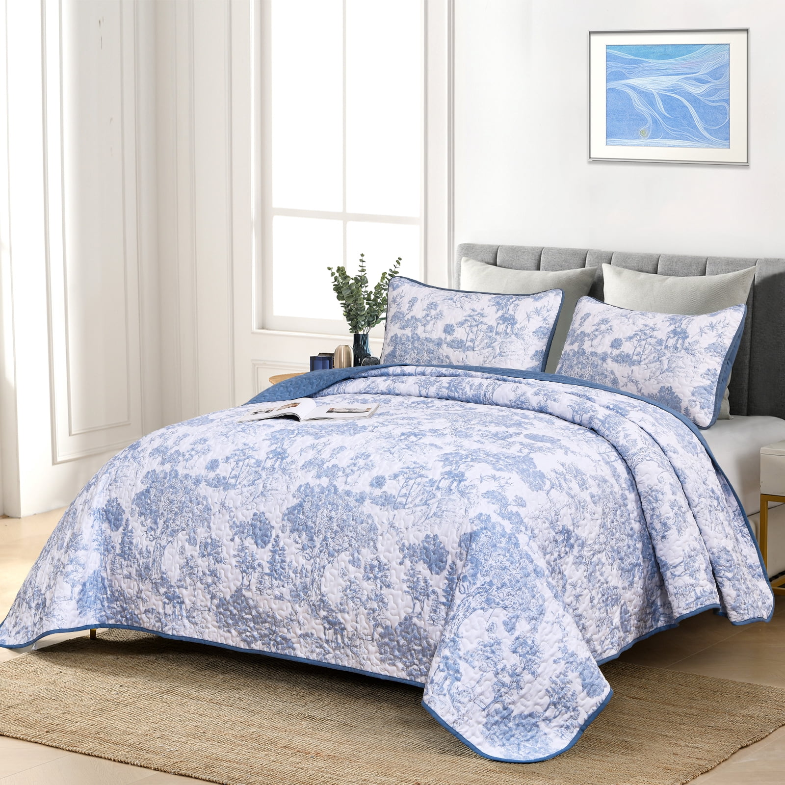 Dintszyayue Botanical Queen Size Quilt Set Blue,3Pcs Plants Pattern Sketch Soft Bedspread Set Adult(90"x96")