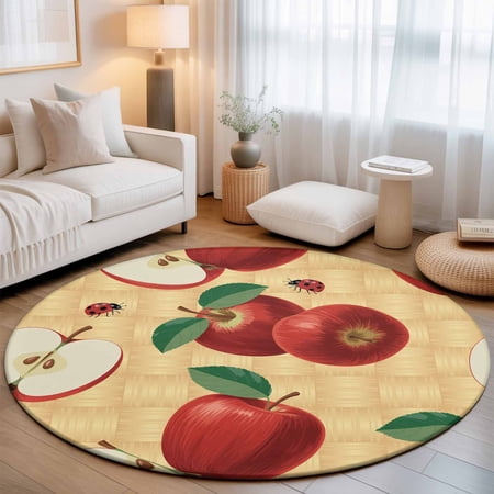 Round Rug 3ft Area Rug Farm Red Fruits Weaving Art Texture Area Rugs for Living Room Bedroom Chic Ladybugs Floor Mat Non-Slip Non-Shedding Carpet Indoor Accent Rugs