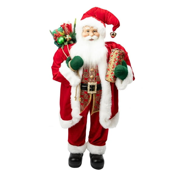 3 PI Père noël debout en tissu avec sac, skis et bâtons, rouge
