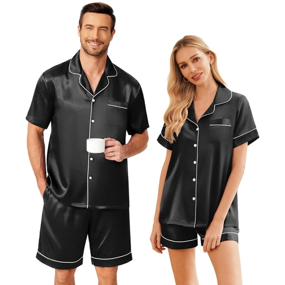 Ekouaer Couple Matching Pajamas Sets Silk Short Sleeve Button Down Sleepwear Satin Pjs Shorts Set Soft Lounge Set