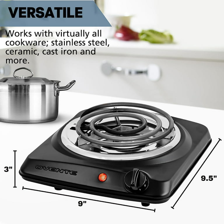 OVENTE Electric Countertop Single Burner, 1000W Cooktop with 6 Stainless  Steel Coil Hot Plate, 5 Level Temperature Control, Indicator Light, Compact  Cooking Stove and Easy to Clean, Black BGC101B 