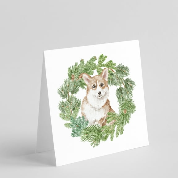 Corgi Red with Christmas Wreath Square Greeting Cards and Envelopes Pack of 8 5 in x 5 in