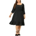 thumbnail image 2 of Agnes Orinda Women's Plus Size Smock Waist Swiss Dots 3/4 Sleeves Midi Dress 1X Black, 2 of 6