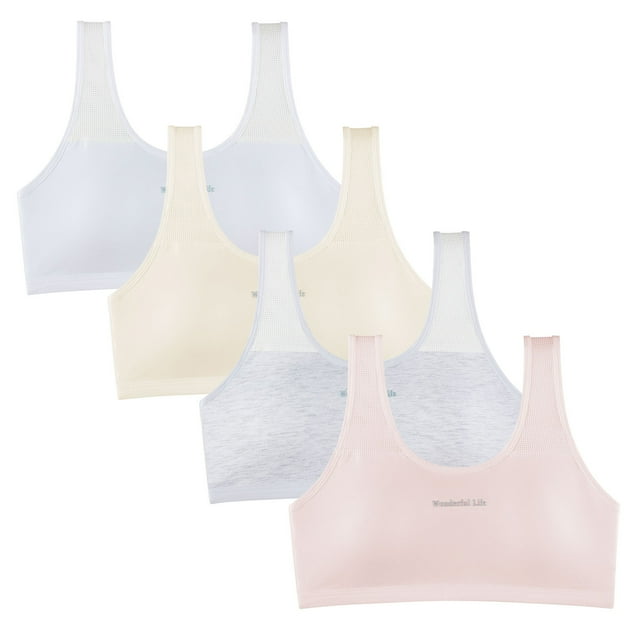 Bra for Girls, Soft Cotton Breathable Training Bra Set with Double-Layer Front, No Wire, 4 Piece Pack, Spring Summer Daily Wear