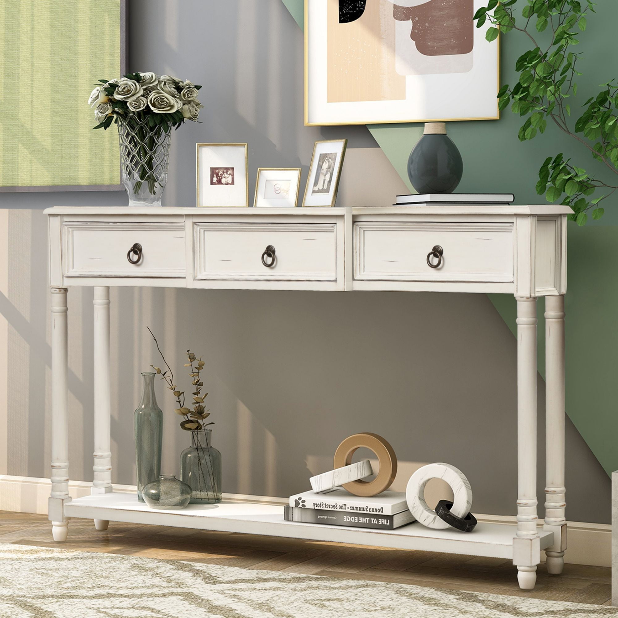 Aukfa Console Table with 3 Drawers for Entryway Hallway Living Room - White