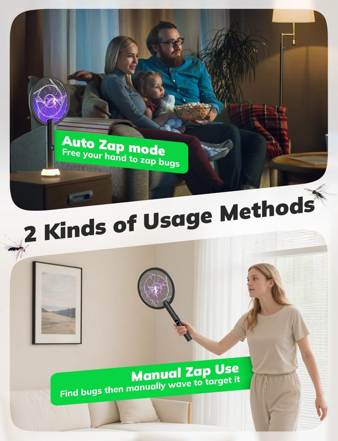Electric Fly Swatter Bug Zapper Racket 4000V LED Screen Dual Modes Rechargeable for Indoor Home Office Backyard Patio Camping (Black)