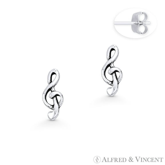 G-Clef Music Note Charm Stud Earrings in Oxidized .925 Sterling Silver