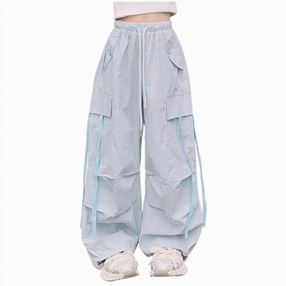 Linfrsh Girls Cargo Pants Elastic Waist Drawstring with Pockets Pants 4-14 Years (Blue,6-7 Years)