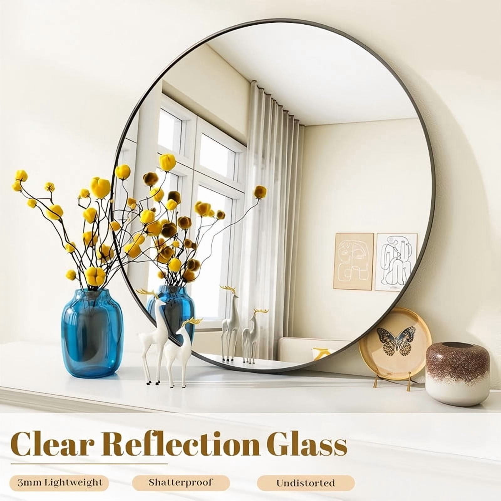 GRAHMCY 36" Round Bathroom Mirror Modern Circle Mirror leaning or Wall Mounted, Black