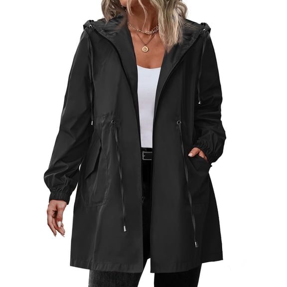 Women's Plus Size Long Waterproof Rain Jacket, Lightweight Hooded Windbreaker, Casual Outdoor Hiking Coat, Foldable Raincoat for Travel, All Season Rainwear, Packable Rain Jacket Black L
