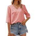 thumbnail image 3 of Summer Solid Color Women V-neck Casual T-shirt Half Sleeve Simple Tops, 3 of 4