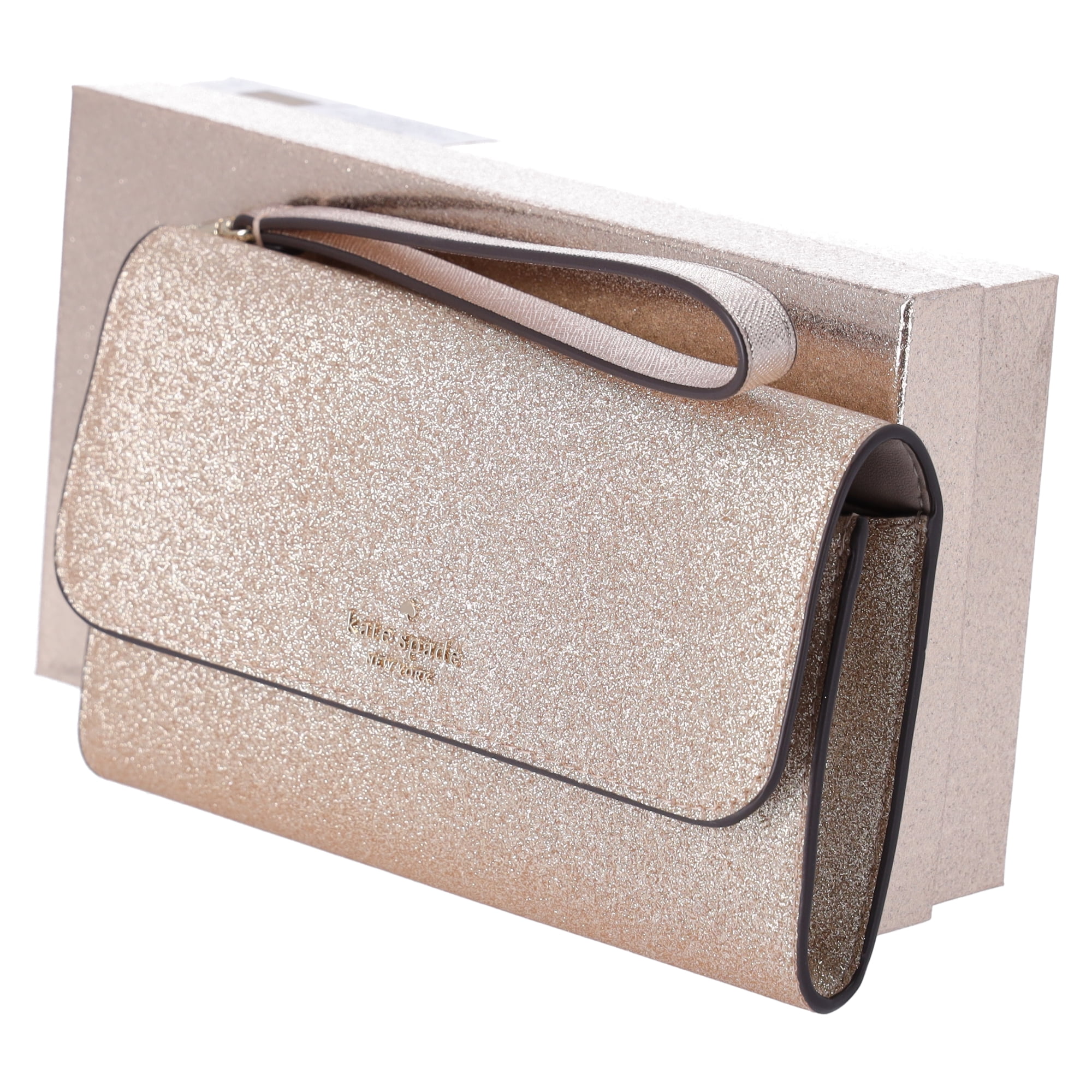 Kate Spade Glimmer Boxed Medium Flap Phone Wristlet Wallet Gold Glitter Holiday