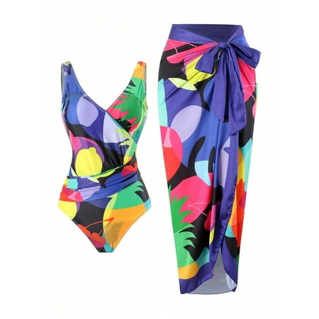 Yanyanz Swim Suits for Women 2025  Women s Retro Fashion V Neck Swimsuit with Beach Cover Up Wrap Skirt Two Bikini Set  Women Swimsuits