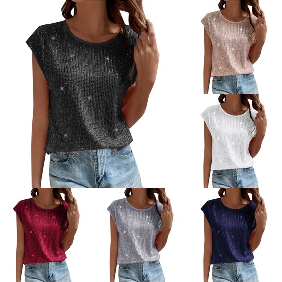 RMGVDSD Womens Sparkly Sequin Cap Sleeve Tops Crew Neck Glitter T Shirts Dressy Casual Blouse Solid Color Party Tee Shirts