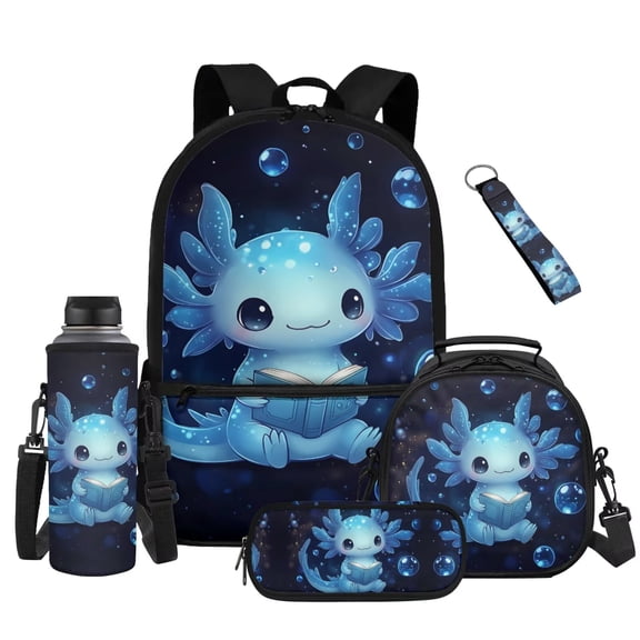 Yuyamidu Blue Axolotl Bookbag for Girls 7-8 Large Capacity 17 Inch Backpack with Lunchbox Pencil Pouch Water Bottle Holder Keychain Set of 5 2nd-3rd Grade Elementary School Bag
