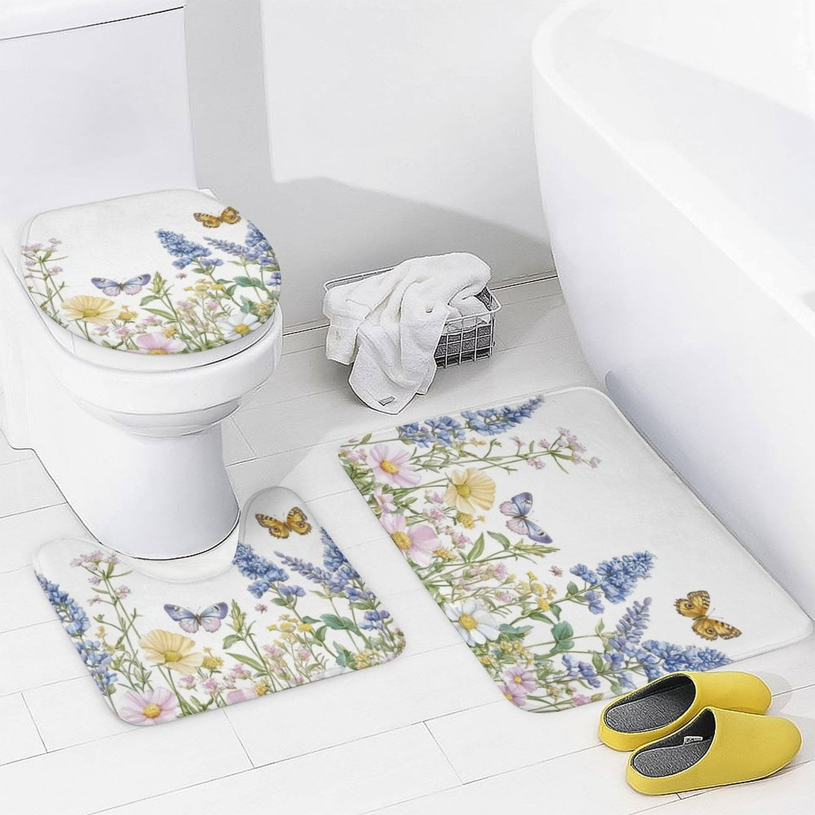 Shower Curtain 4 Piece Sets Sage Green Wild Flower Plant with Rugs Toilet Lid Cover And Bath Mat Seasonal Floral Butterfly Farmhouse Bathroom Decor Set for Bathroom Decor 72inch X 72inch