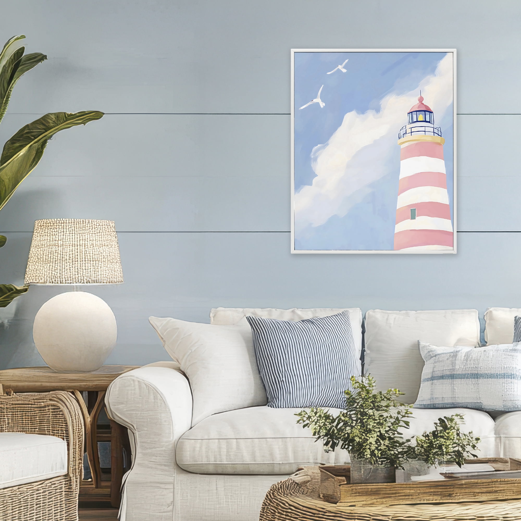 Stupell Industries Striped Lighthouse with Seagulls White Framed Giclee Art, design by The Prints Vibe