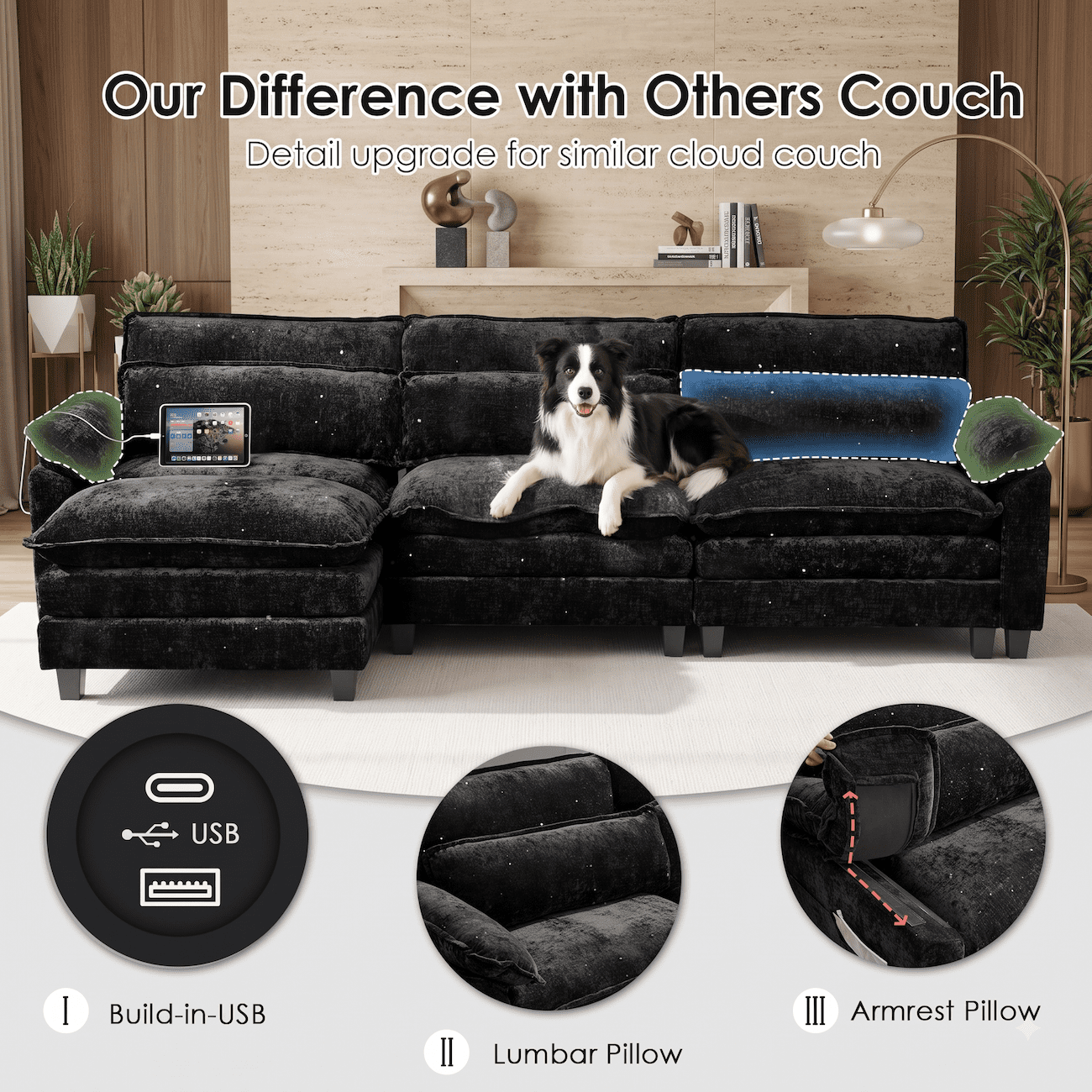 148" Convertible Cloud Sectional Sofa, Modern Chenille L Shaped Couch with Reversible Chaise, Deep Seat 5 Seat Sectional Sofa with Pillows, Comfy Upholstered Couch for Living Room Apartment (Black)