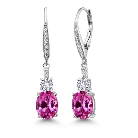Gem Stone King 925 Sterling Silver Pink Created Sapphire and White Created Sapphire Dangle Earrings for Women with Lab Grown Diamond (2.53 Cttw, Oval 9X7MM)