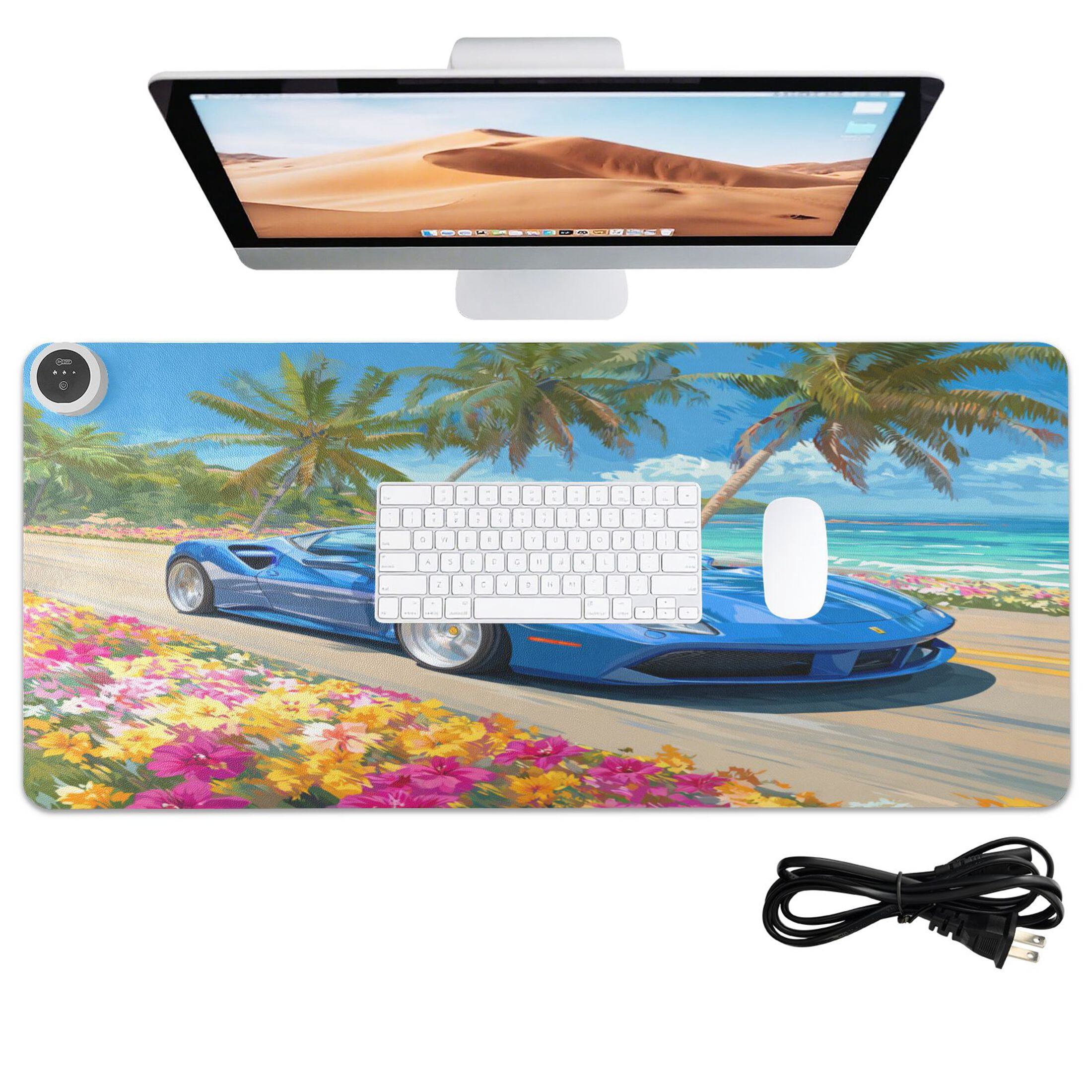 Large Heated Desk Mat Mouse Pad 31.5"x13"PU Leather Graphene Heating Desk Warmer with 3 Temperature Settings 110V US Plug Non-Slip Warm Pad for Home, Office, and Gaming Blue Sports Car by The Beach