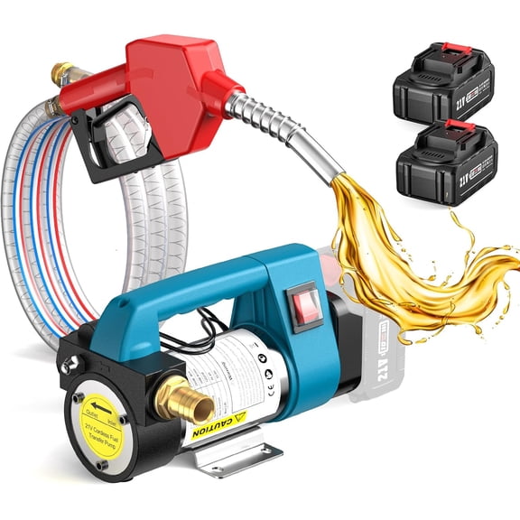 SEESII Fuel Transfer Pump Battery-Powered: 12 GPM Electric Diesel Transfer Pump with 2 x 21V 4.0Ah Batteries, Portable Cordless Pump Kit with Auto Shut-Off Nozzle & 2x6.6 FT Hoses for Diesel Kerosene