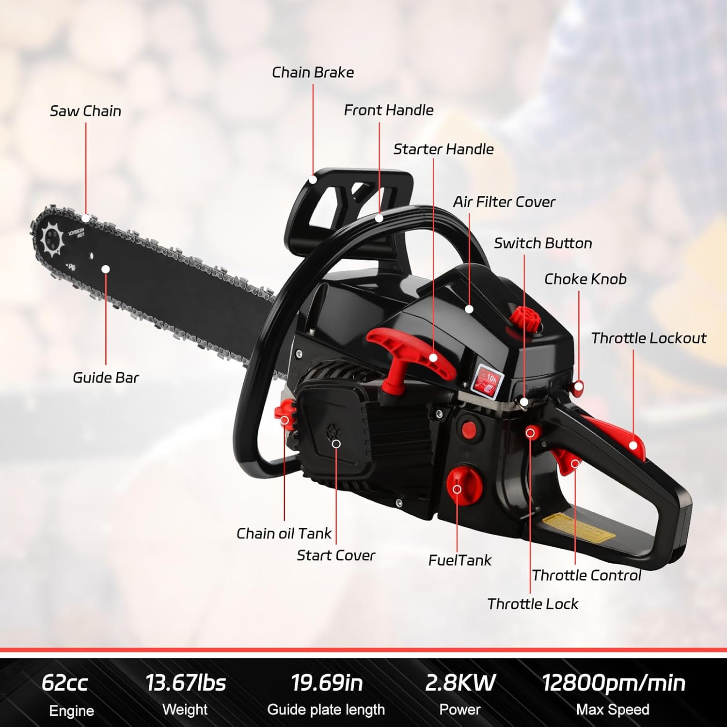 6-in-1 Gas Weed Wacker with Hedge Trimmer, 52CC 2-Stroke String Trimmer/Weed Trimmer, Weed Eater Gas Powered with Extension Pole, Ergonomic Design for Lawn, Garden & Yard