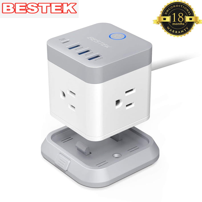 Blue BESTEK Table Mountable Power Strip Cube Charging Station with 3-Outlet and 4 USB Plug Strip with Detachable Base 5 Feet Extension Cord Flat Plug,1875W 