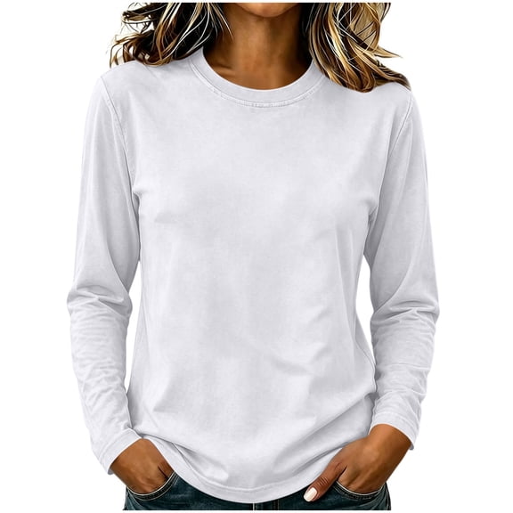 XuJwPNcy Women Long Sleeve Cotton Tops Soft Crew Neck Basic Tees Fall Fashion Regular Fit T Shirts(White,5X-Large)
