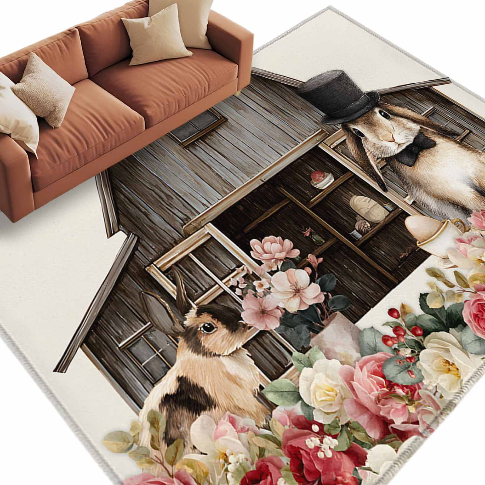 Rectangle Rug 5x8ft Area Rug Easter Rabbits Flowers Area Rugs for Living Room Bedroom Vintage Rural Wooden Houses Floor Mat Non-Slip Non-Shedding Carpet Indoor Accent Rugs