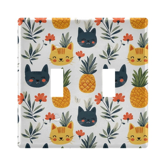 Cats and Pineappleawhite Pattern Toggle Switch Wall Plate 2-Gang Unbreakable Durable PC Flush Fit Round Edge 4.48x4.56in