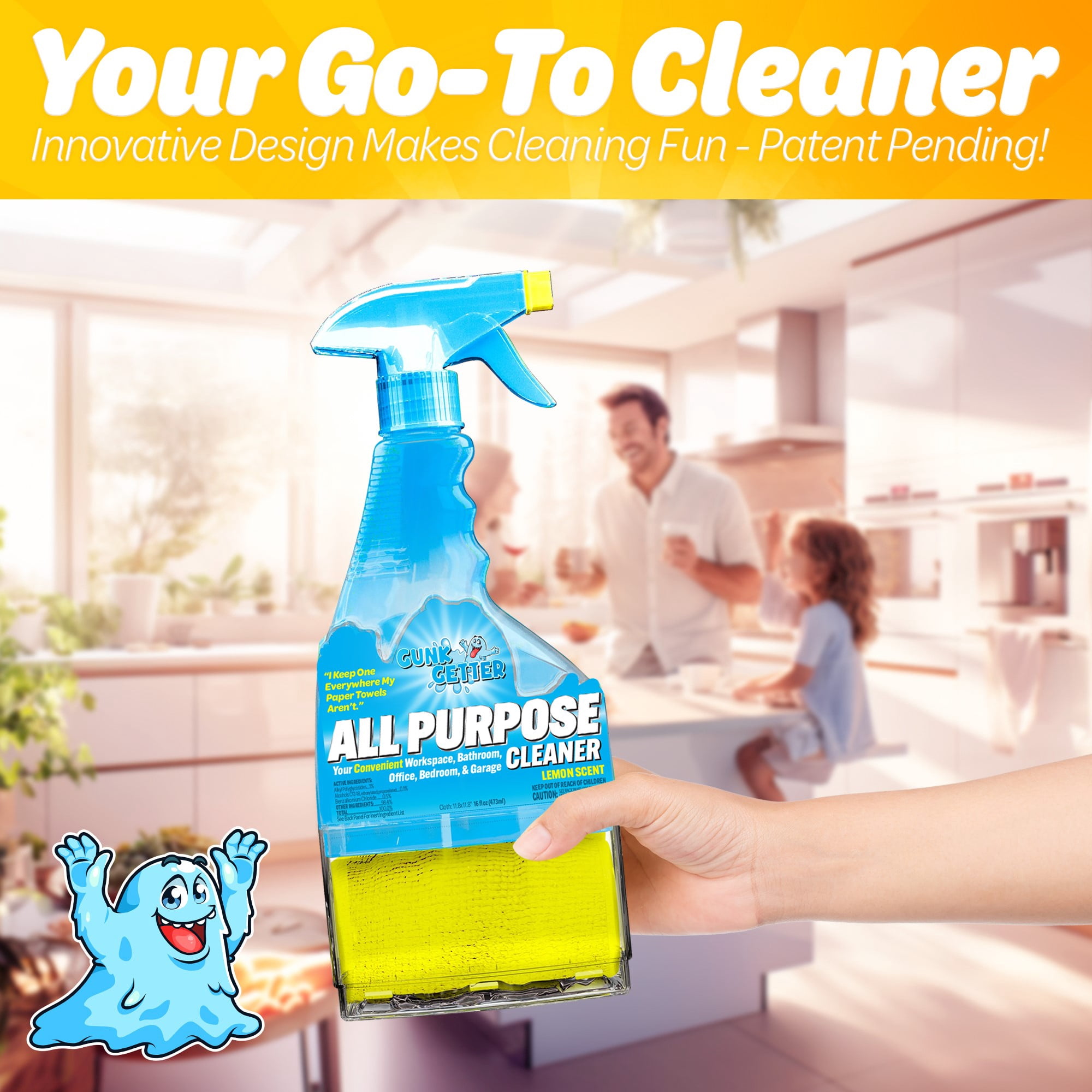 Gunk Getter - Spray Bottle with Microfiber Cap - All Purpose Cleaner 16 fl oz - Lemon Scent
