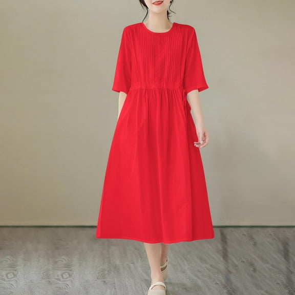 Yotami Women's Cotton Linen Dress Summer Crew Neck Short Sleeve Lightweight Solid Color Dress for Travel Ruffled Long Dress Red L
