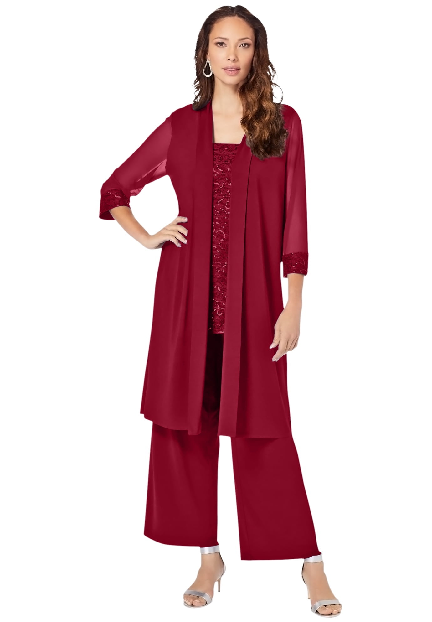 Roaman's Women's Plus Size Three-Piece Lace & Sequin Duster Pant Set ...