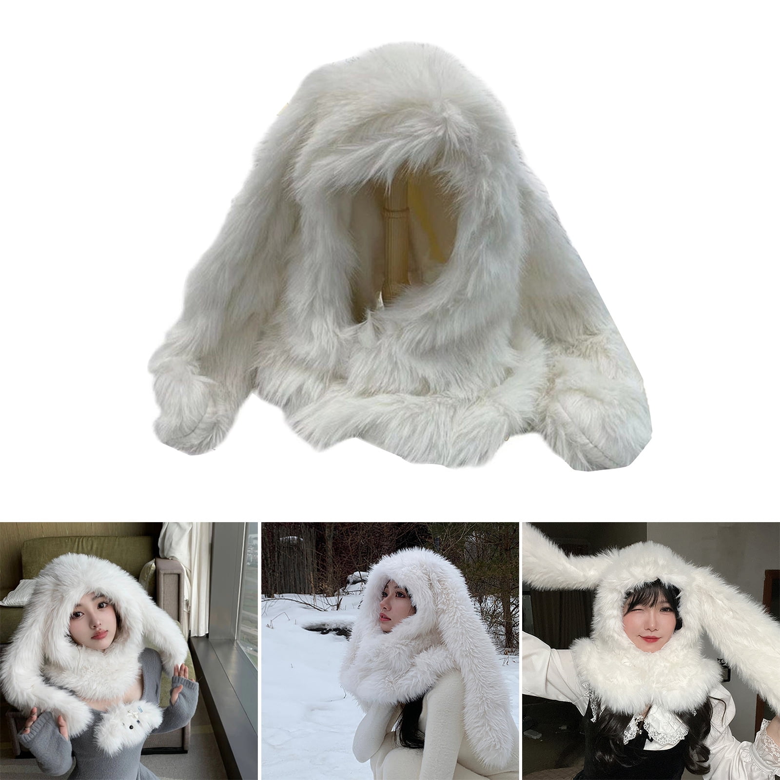 Furry Plush Neck Scarf Hat Soft Headcover Cap Teens Girls Rabbits Ear Bonnet Cap