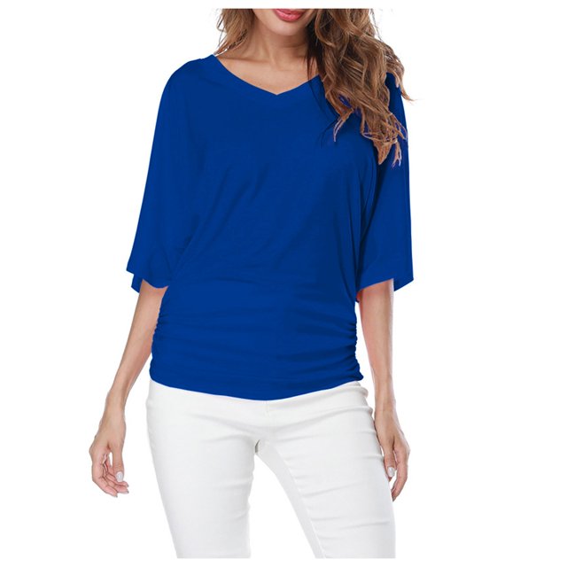 Plus Size Women's V Neck T Shirt: Batwing Sleeve, Loose Fit, Solid Color, Comfortable
