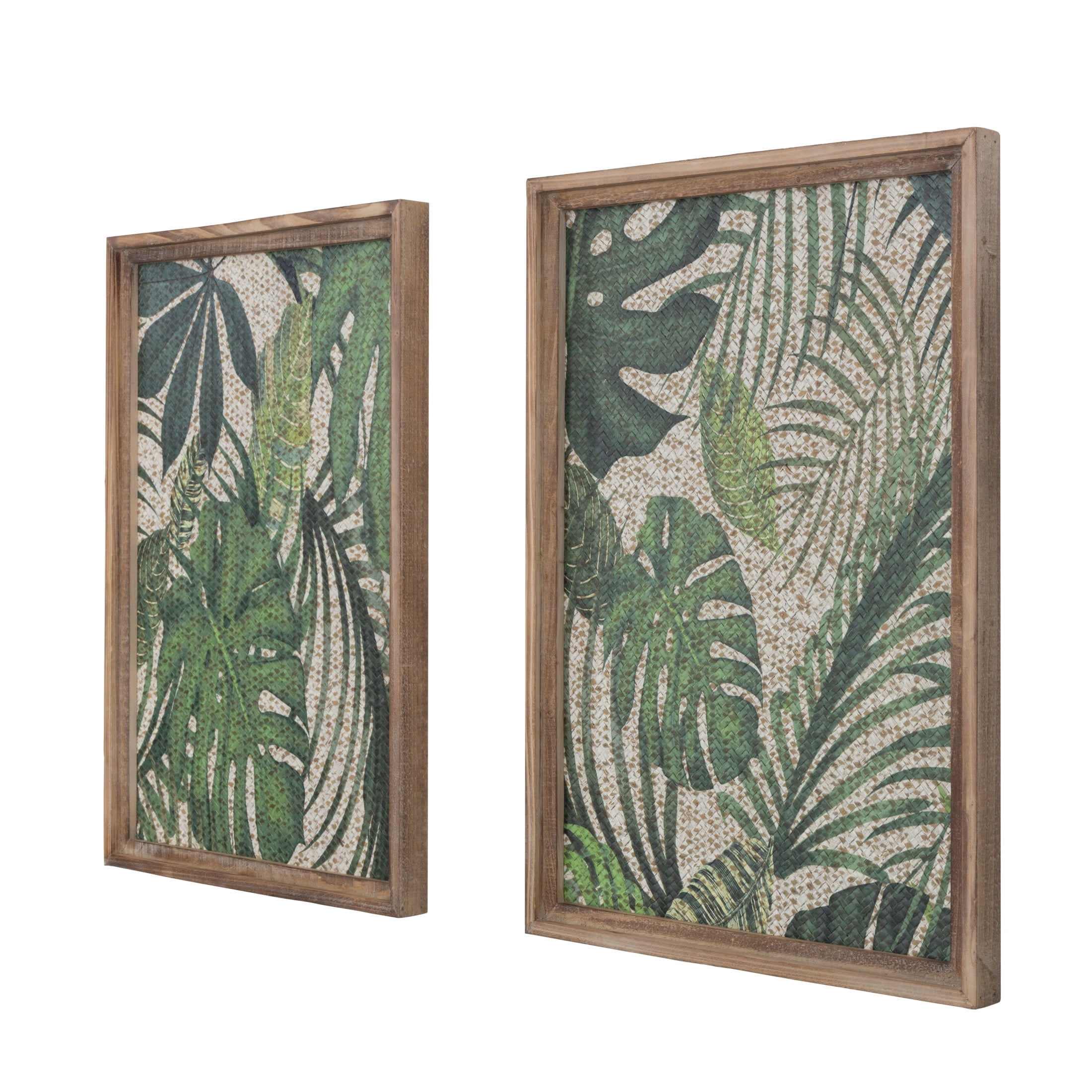 DecMode Green Wood Tropical Leaf Wall Decor with Brown Frame (2 Count)