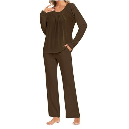 Mlzmgr Women s Loungewear Pajama Sets Pullover Long Sleeve Crew Neck Shirts Elastic Waist Loose Pants with Pockets Sleep Wear Sets Fall Winter Fashion
