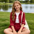 thumbnail image 6 of Babcutegg Girls Solid Color Long Sleeve Button-Up Shirt with Matching Shorts Set – Soft Casual Two-Piece Outfit Featuring Pocket Detail and Comfort Fit Wine Size 11, 6 of 10