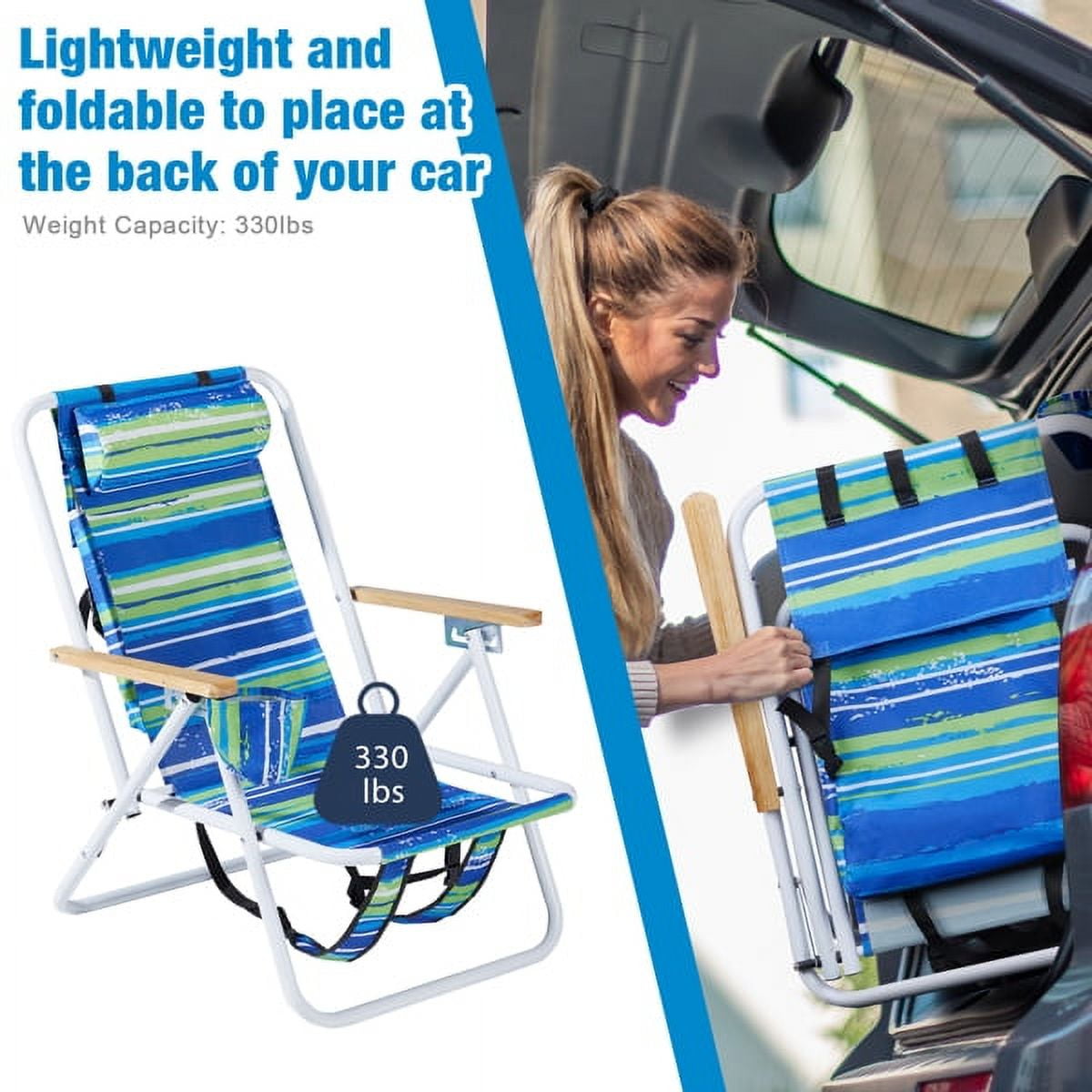 Folding Beach Chair with 4 Recline Positions, Camping Chair Backpack Straps, Wooden Armrests & Cup Holder, 265lb Capacity