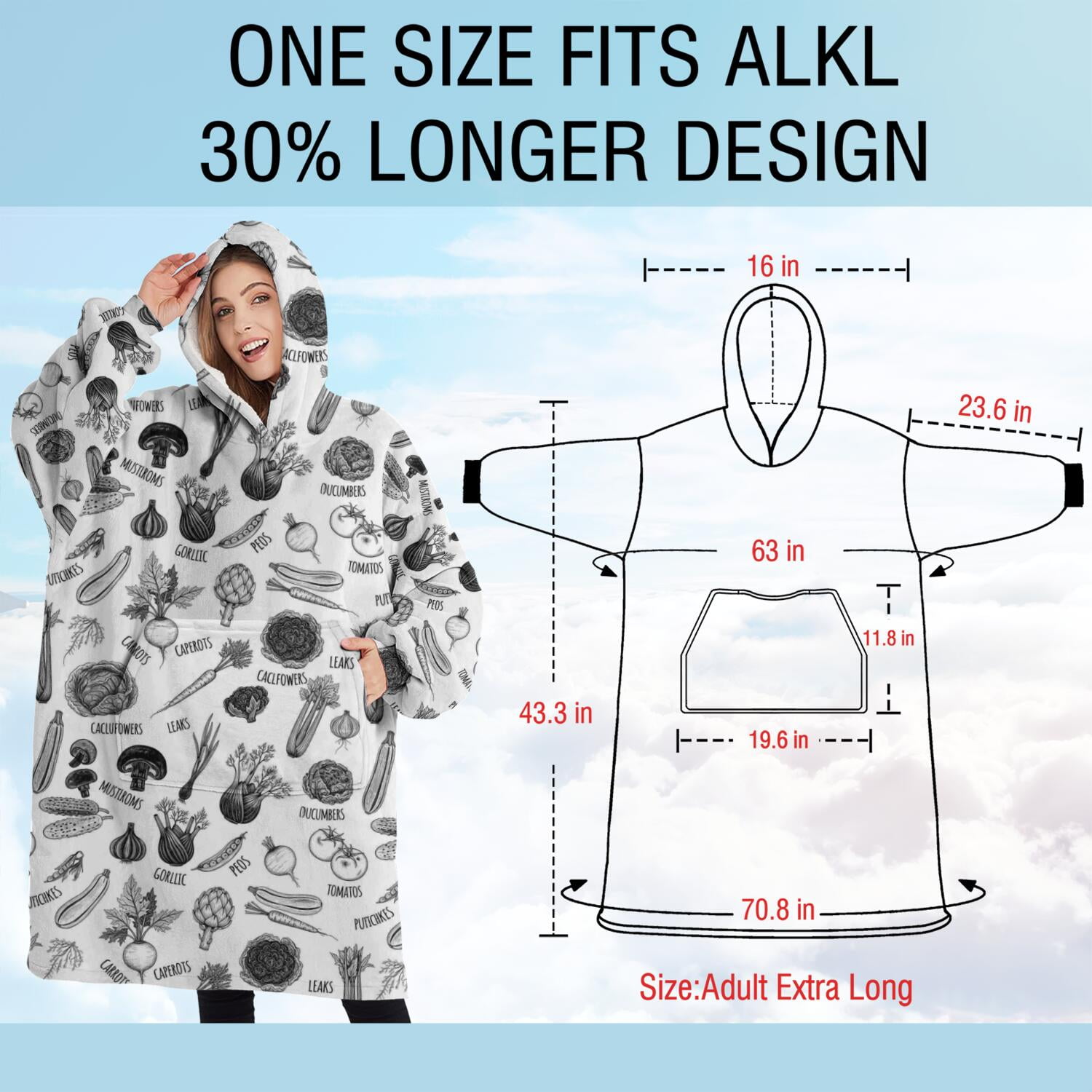 Oversized Wearable Blanket Hoodie,White Vegetable Pattern Sherpa Blanket Hoodie with Super Pockets,Super Warm Fuzzy Pullover for Women & Men
