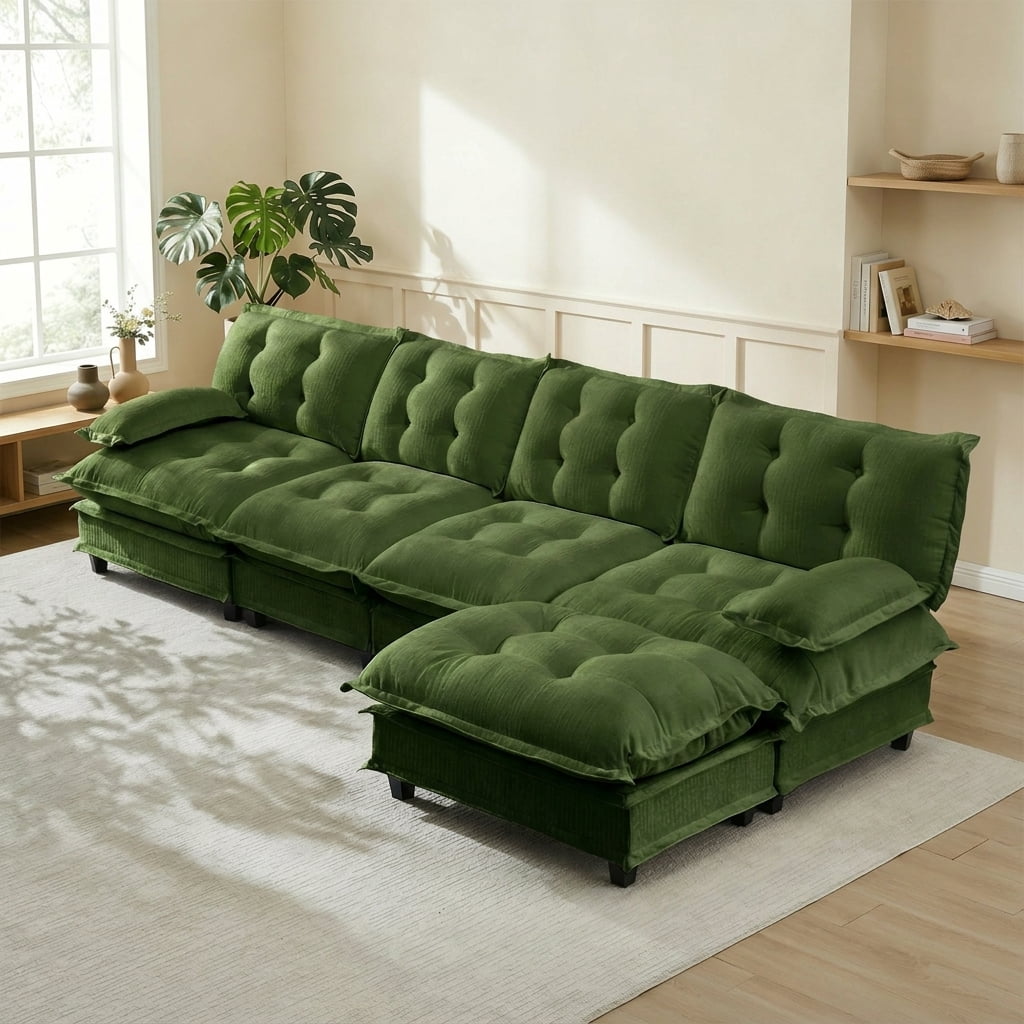 AISWORD 138" L-Shaped Modular Sectional Cloud Sofa with Ottoman, Chenille Fabric Deep Seat Couch with Lattice Decored Cushions