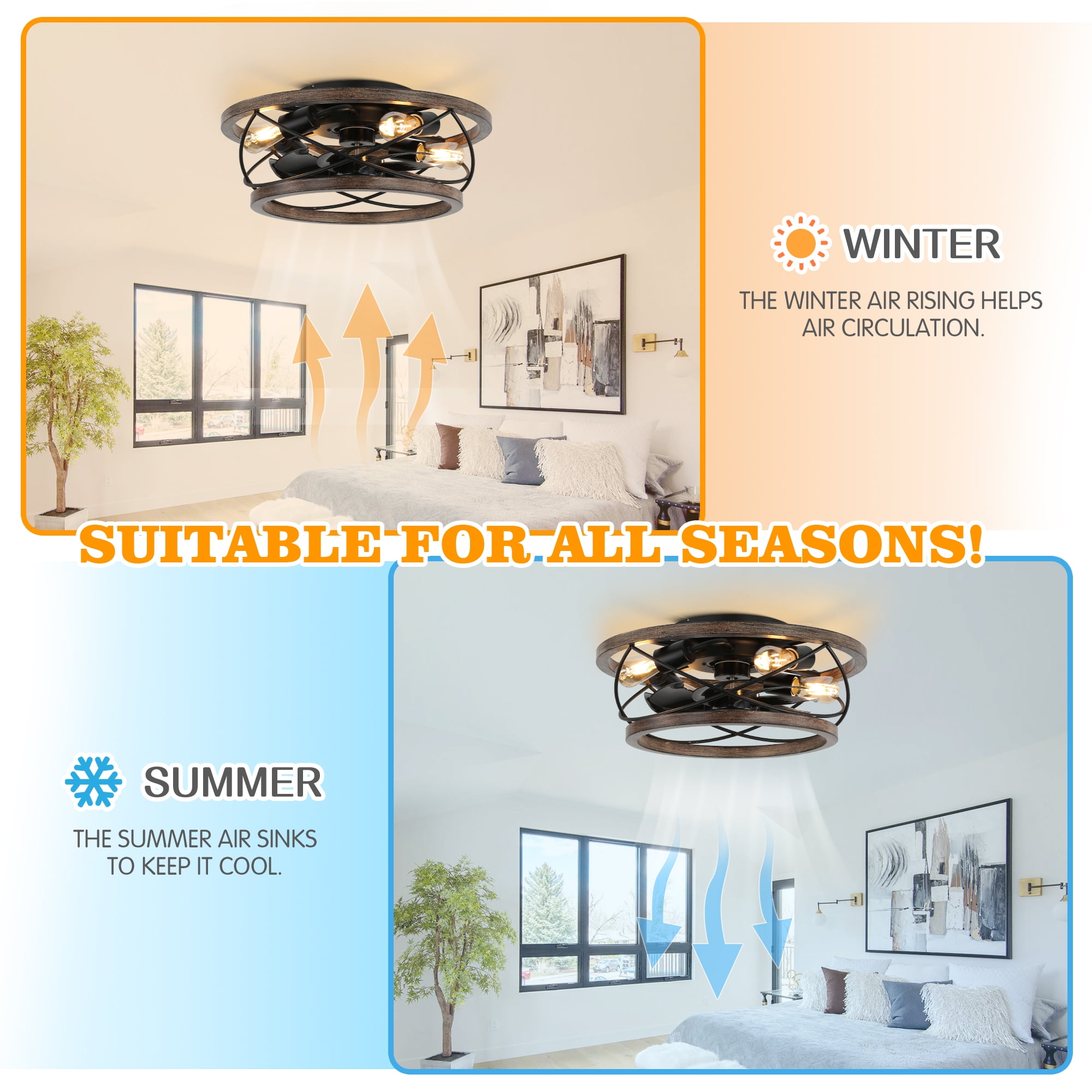 18" Rustic Wood Caged Ceiling Fan with Light and Remote Control, Farmhouse 3-Speed Reversible Flush Mount Ceiling Fan