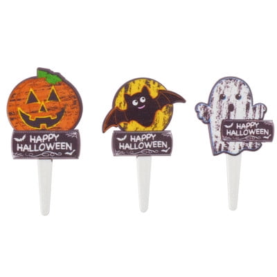 Chalk O Lantern Halloween Pumpkin Bats Ghosts Spooky -24pk Cupcake / Desert / Food Decoration Topper Picks with Favor Stickers & Sparkle Flakes