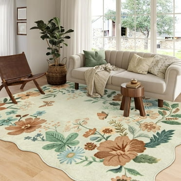 Moynesa 6'x9' Floral Washable Area Rugs, 6x9ft Soft Bedroom Large Rug for Living Room Ultra-Thin Non Slip Dining Room Rug, Stain Resistant Boho Rugs Easy Clean Throw Carpet for Office,Beige