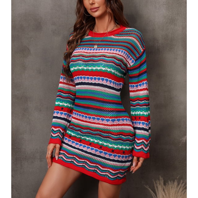 Vestido de punto de ganchillo, vestido de punto a rayas de manga larga con cuello redondo a la moda para citas para mujeres ANGGREK Otros