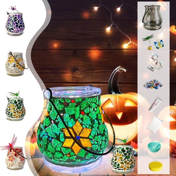 Kit de tarros iluminados iluminados para Halloween | Pack de manualidades de 10 piezas, diseño de azulejo de cristal, luz LED incorporada, multicolor, 3,78" | Set de puzles familiar, pegamento de
