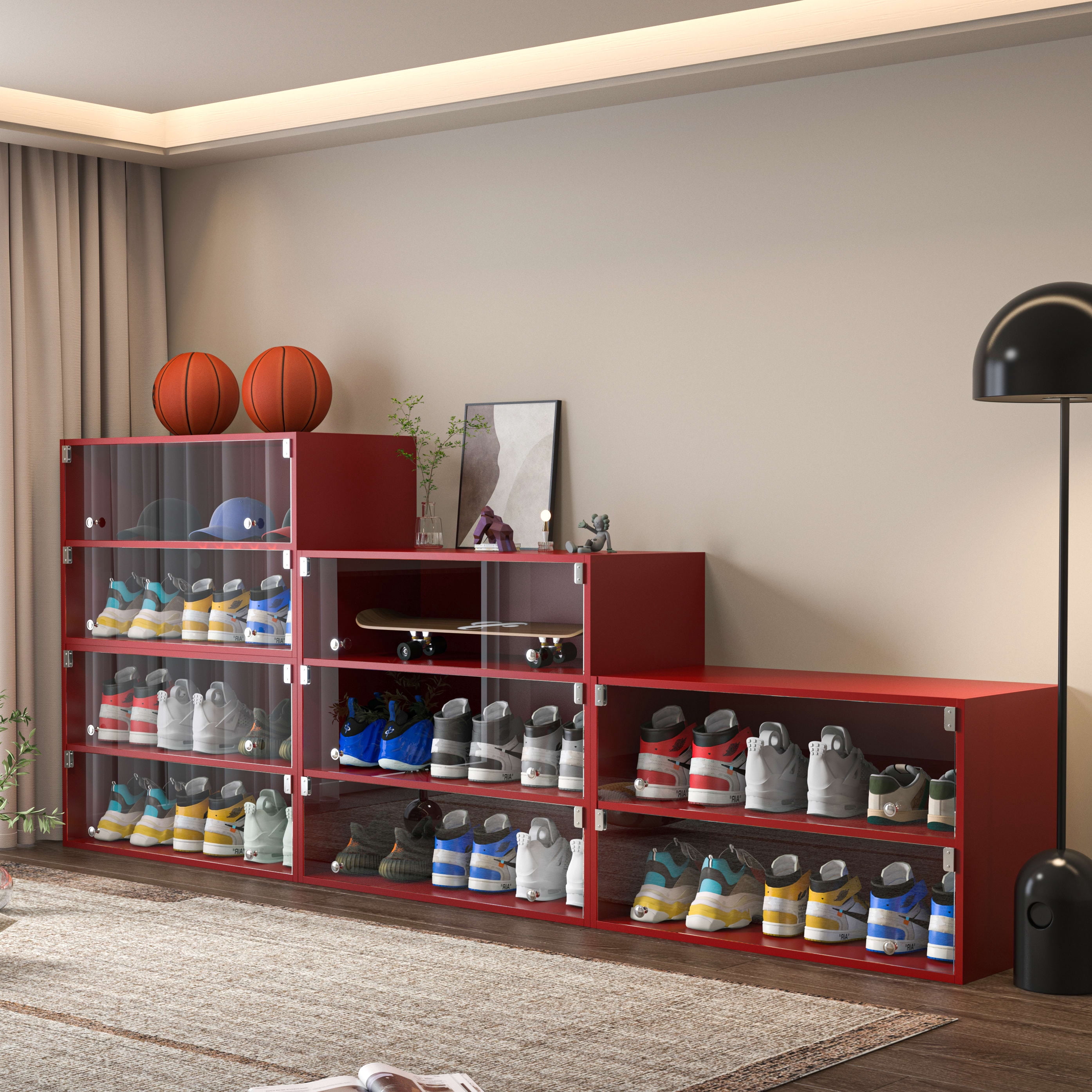 Aukfa Shoe Organizer Storage Cabinet,2 Tier Wood Shoe Box w/ LED APP Control for Closet Entryway,Red