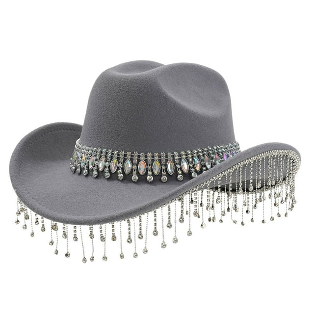 Aocisk Stylish Western Cowboy Hat For Women Men With Large Round Gemstone Rhinestone Fringe Decorations Ideal Party Event Accessory Grey One Size
