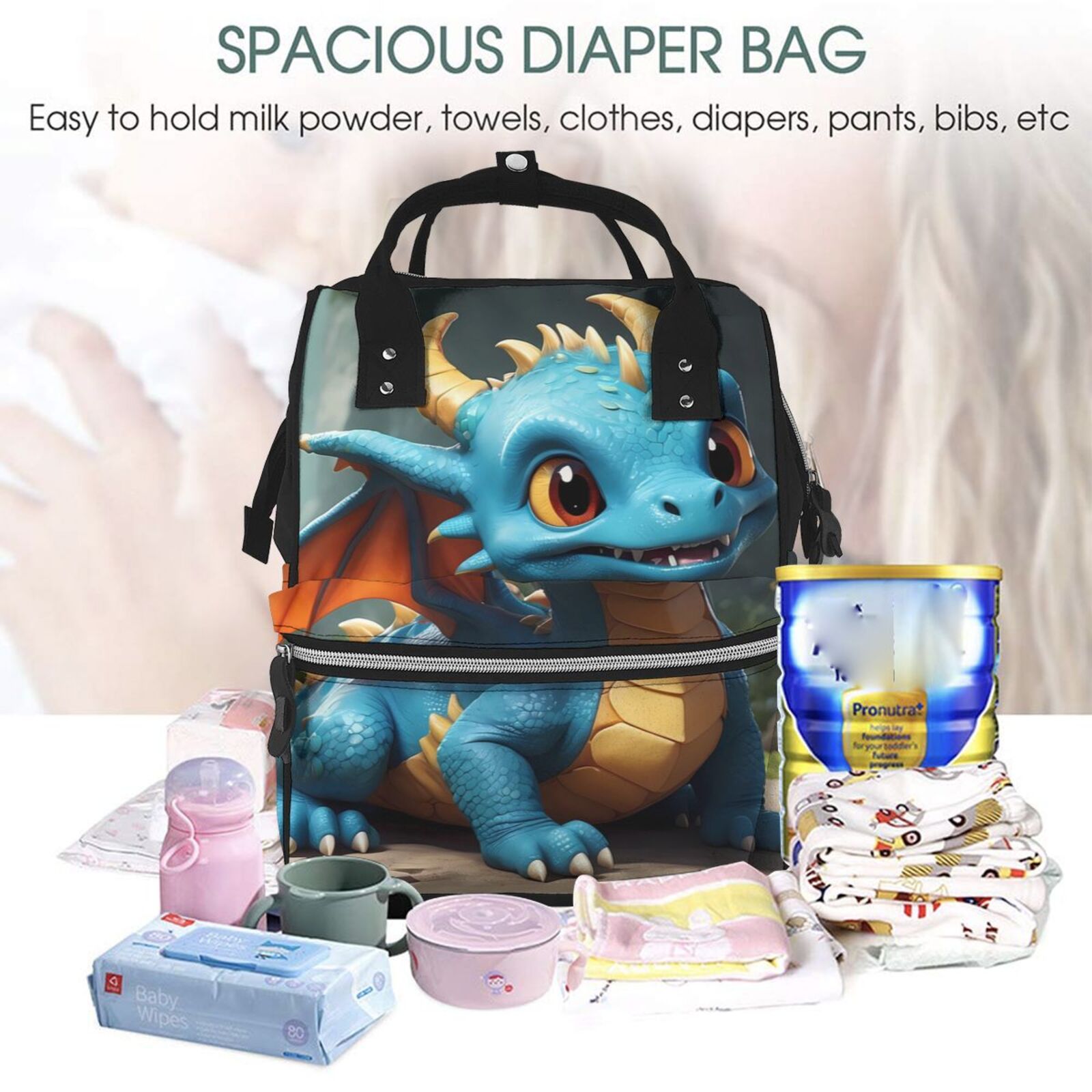 Defioc Adorable Blue Baby Dragon for Baby Diaper Bag Backpack - Baby Bag for Boys & Girls - Diaper Backpack - Large Travel Diaper Bags- Baby Registry Search & Shower Gifts