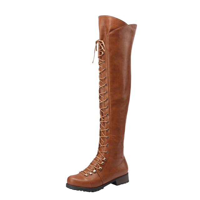 WEAIXIMIUNG Bottines pour Femmes Plates Bottes à Talons Hauts pour Femmes Automne et Hiver Mode Couleur Unie Rétro Confortables Bout Rond à Lacets Talon Carré